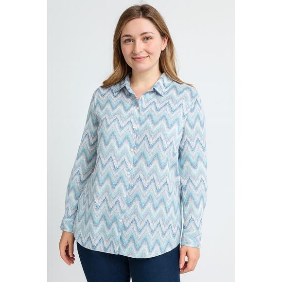 KIM ROGERS 100% Linen Blue Chevron Button Down Shirt Womens Petite Large Beach - Picture 1 of 5